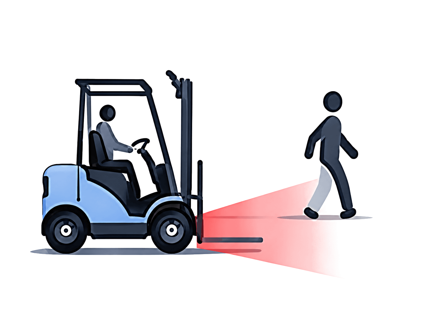 Forklift detecting a pedestrian with red safety zone