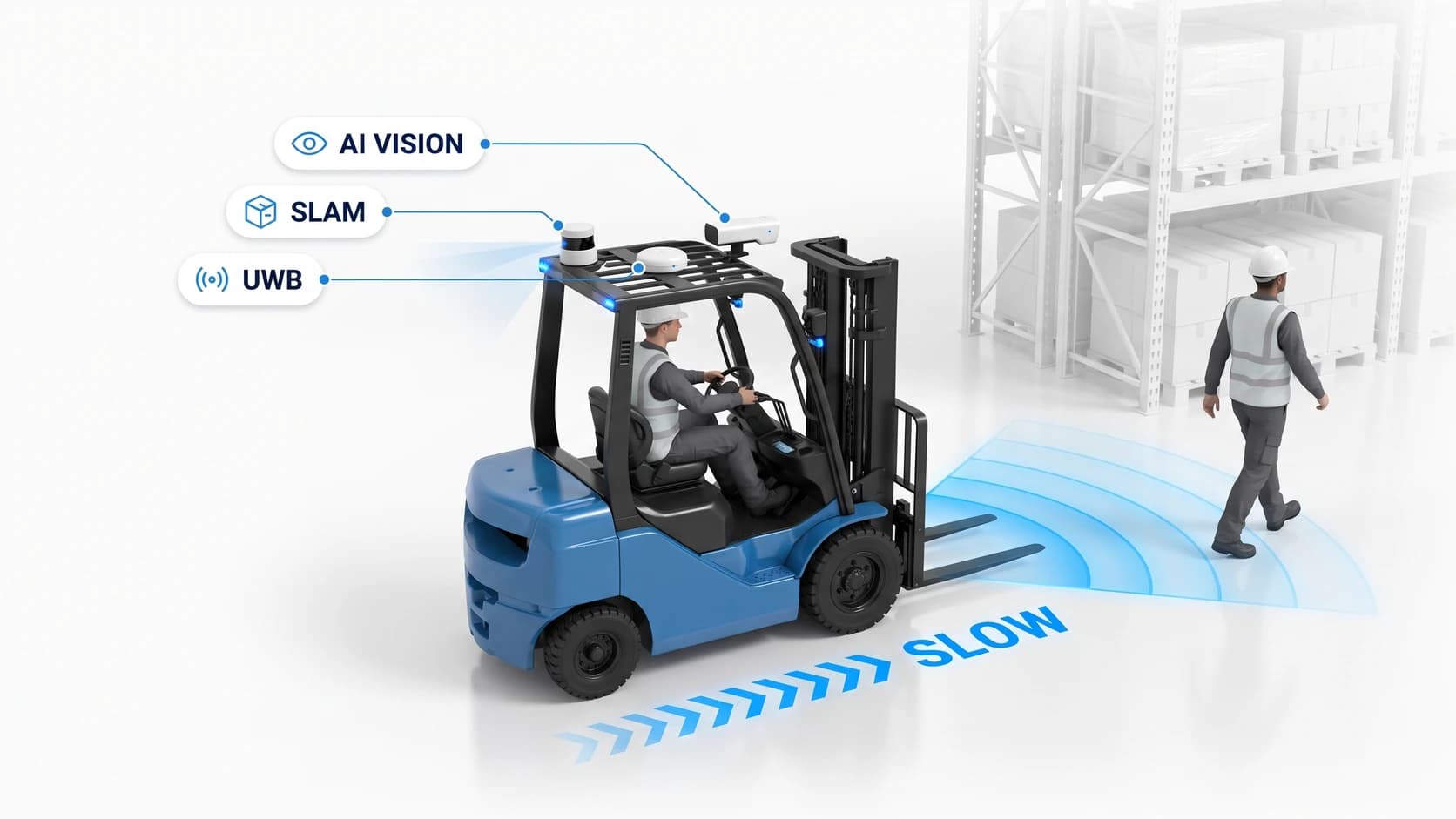 Forklift collision avoidance — AI Vision, UWB and SLAM detecting a pedestrian and triggering a SLOW zone via CAN bus