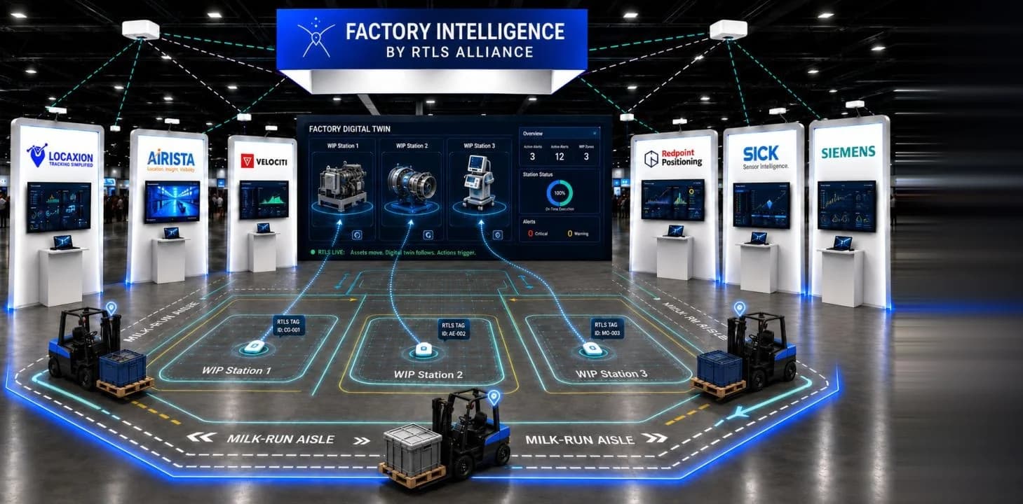 Rendering of the Factory Intelligence pavilion by RTLS Alliance: vendor kiosks around a demo factory floor, where forklifts and tagged work-in-progress stations feed a live digital twin.