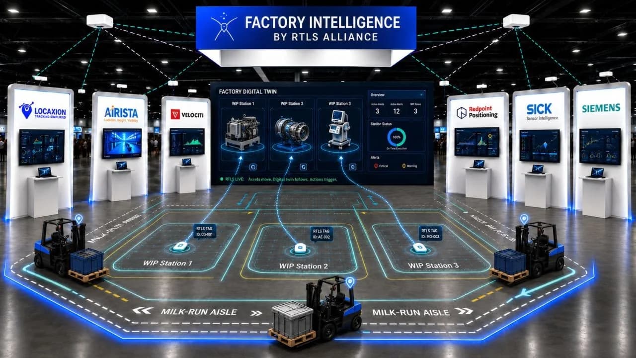 Rendering of the Factory Intelligence pavilion by RTLS Alliance: vendor kiosks around a demo factory floor, where forklifts and tagged work-in-progress stations feed a live digital twin.