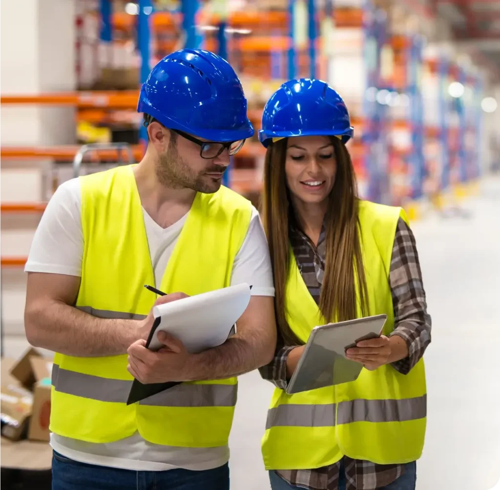 Two warehouse staff reviewing a tracking report