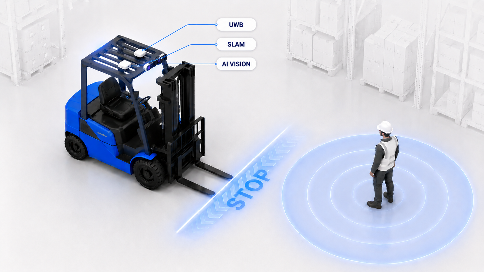 Forklift detecting a pedestrian with AI Vision, UWB and SLAM, projecting an automatic STOP safety zone