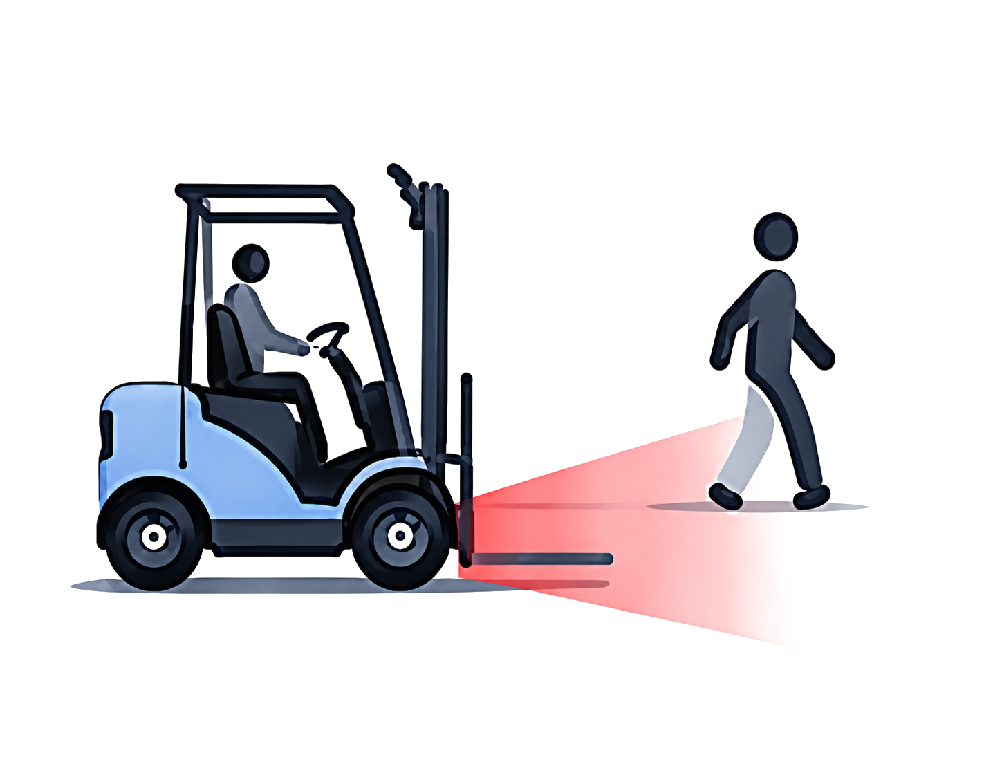 Forklift detecting a pedestrian with red safety zone